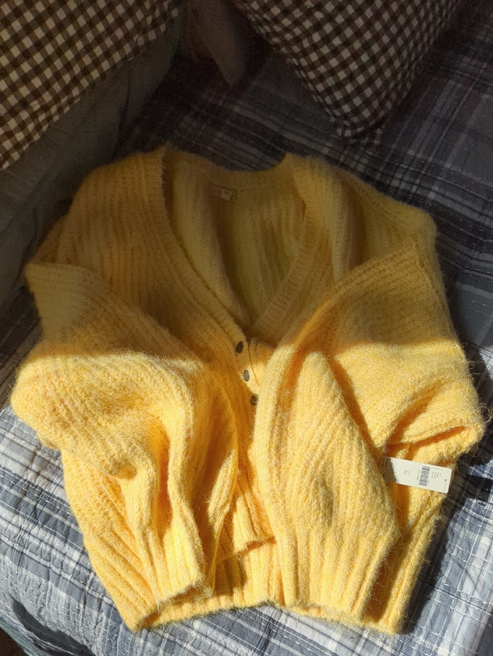 Pilcro Sunny Yellow Fuzzy V-Neck Button Cardigan